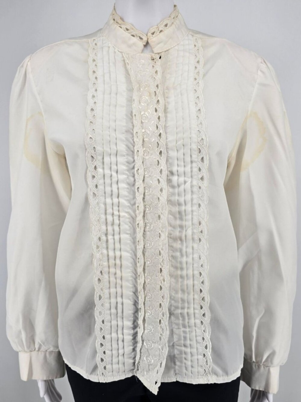 Distressed Vintage 1980s Lauren Lee Ivory Lace Victorian/Prairie Blouse (L)